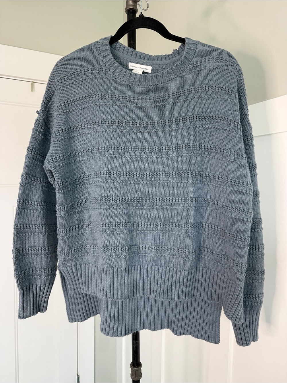 cupcakes & cashmere Slate Blue Open-Stitch Crewneck Sweater